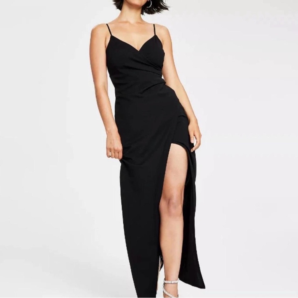 Emerald Sundae Satin Black High-Slit Dress